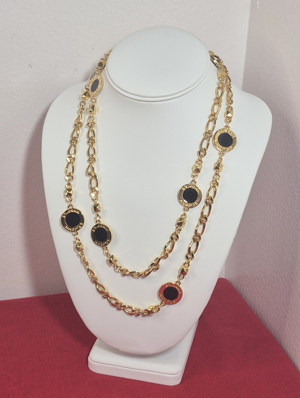 Vtg St. John Gold-Tone Black Accent Long Chunky Chain Statement Necklace 43"